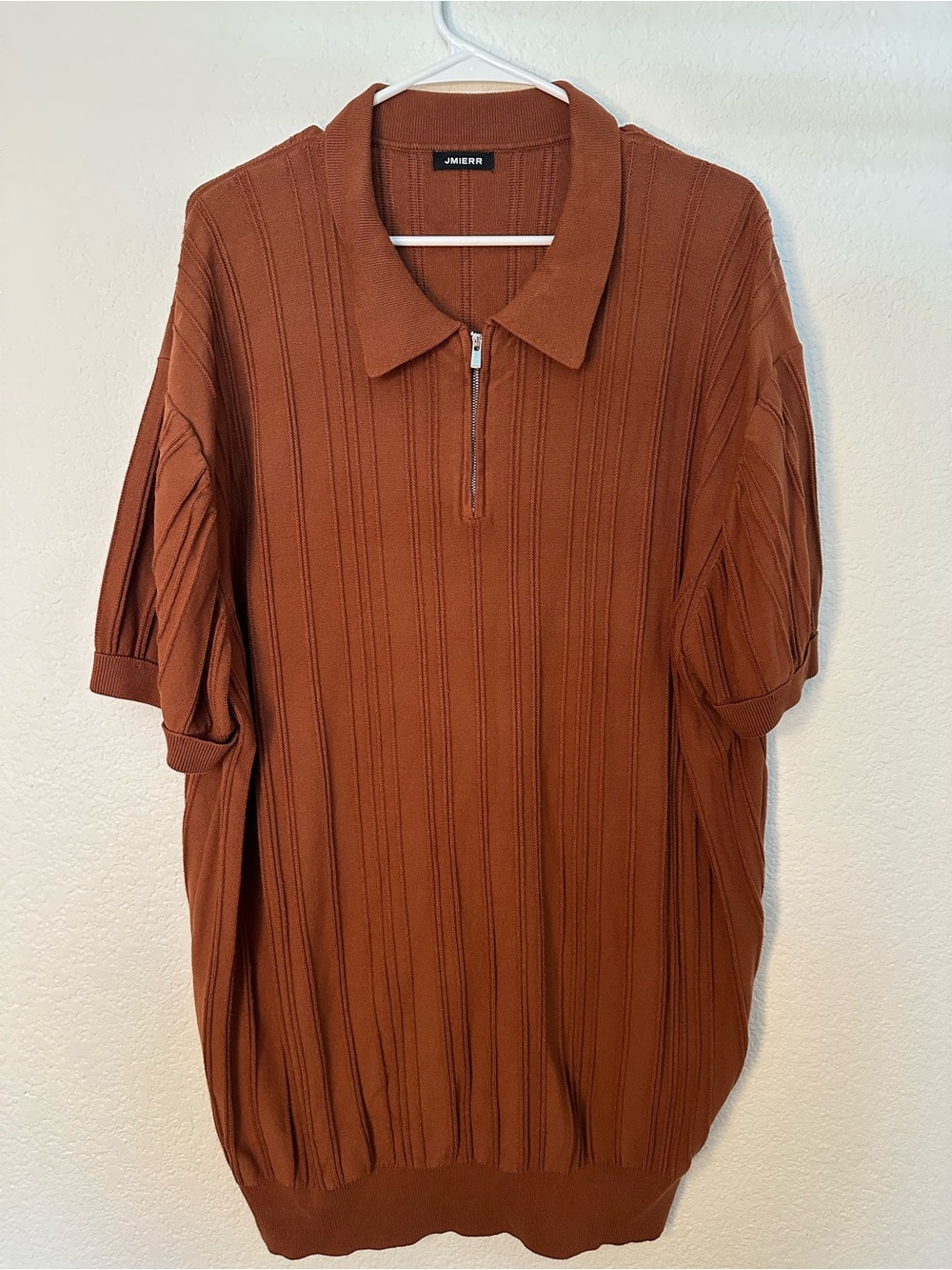JMIERR Men’s 3XL Rust Ribbed Knit Polo Shirt Quarter Zip Short Sleeve Sweater